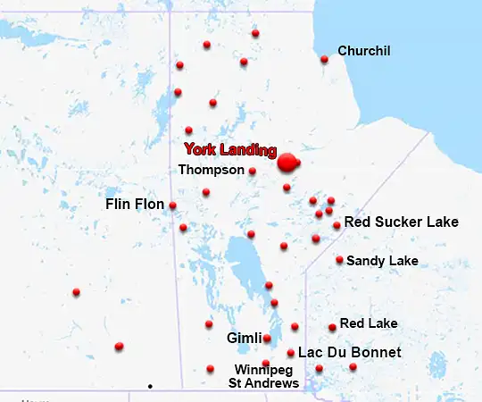 Map showing the location of York Landing in Manitoba